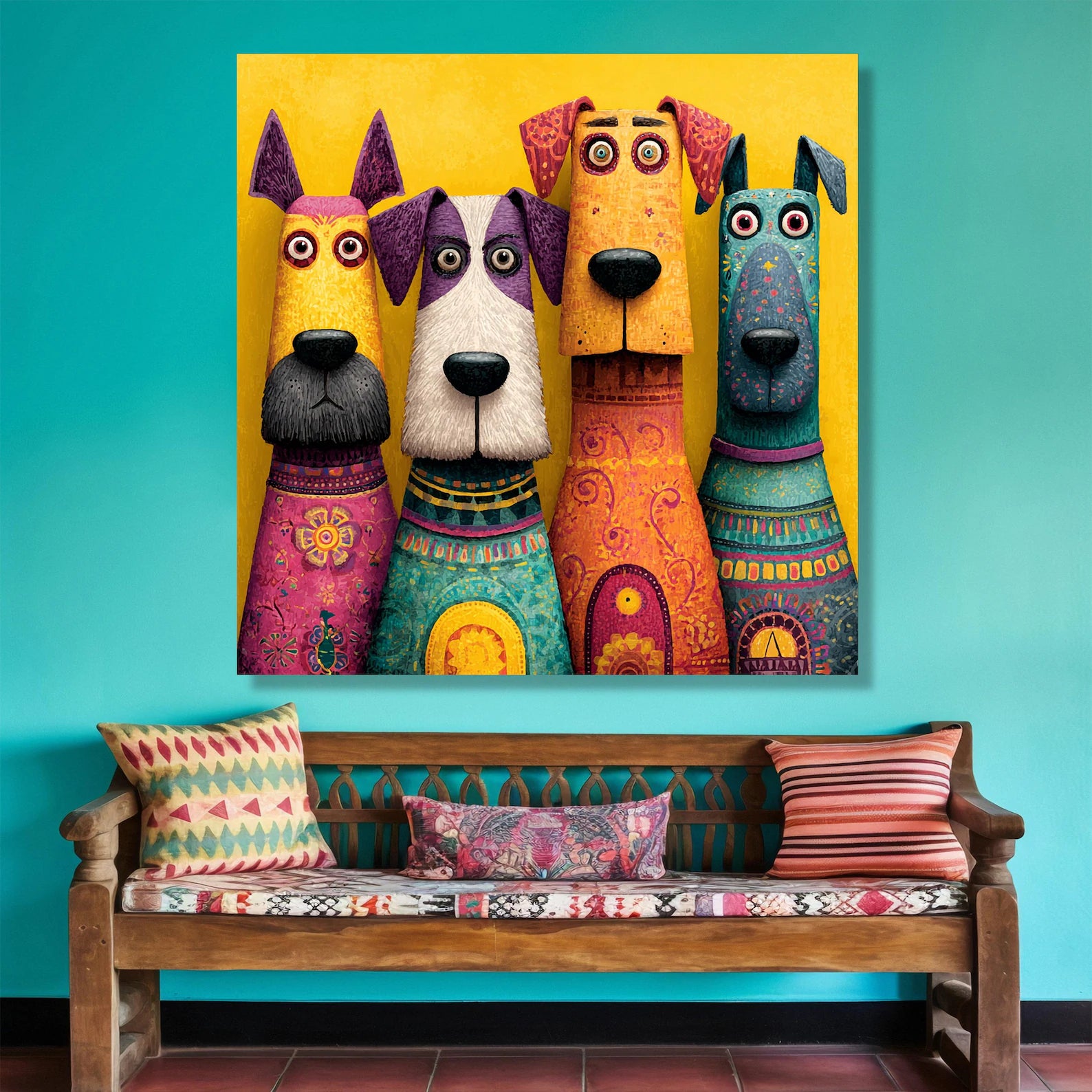 Colorful Dog Squad – Whimsical Animal Oil Painting#yy721137