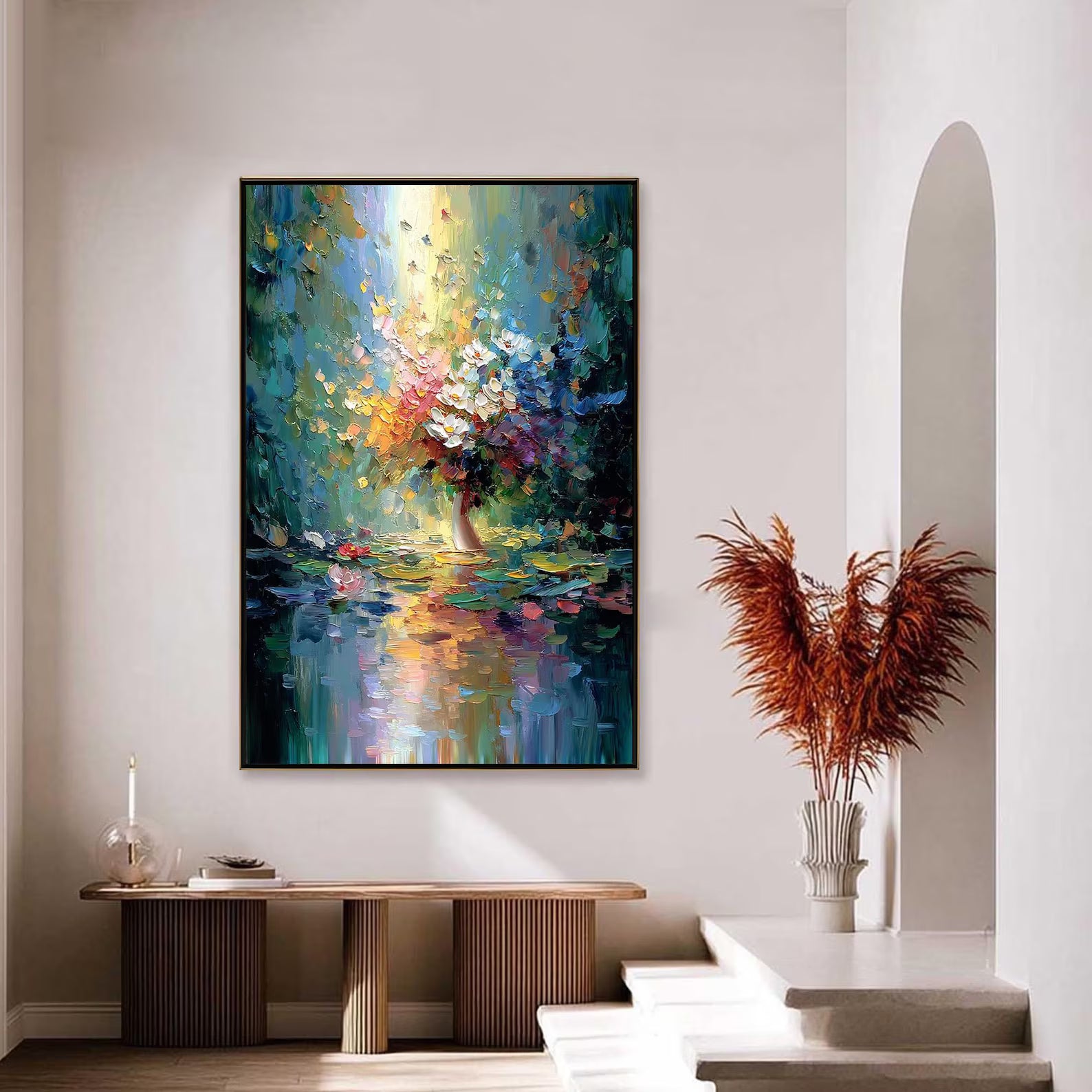 Reflected Blooms – Colorful Floral Vase Oil Painting#yy721143