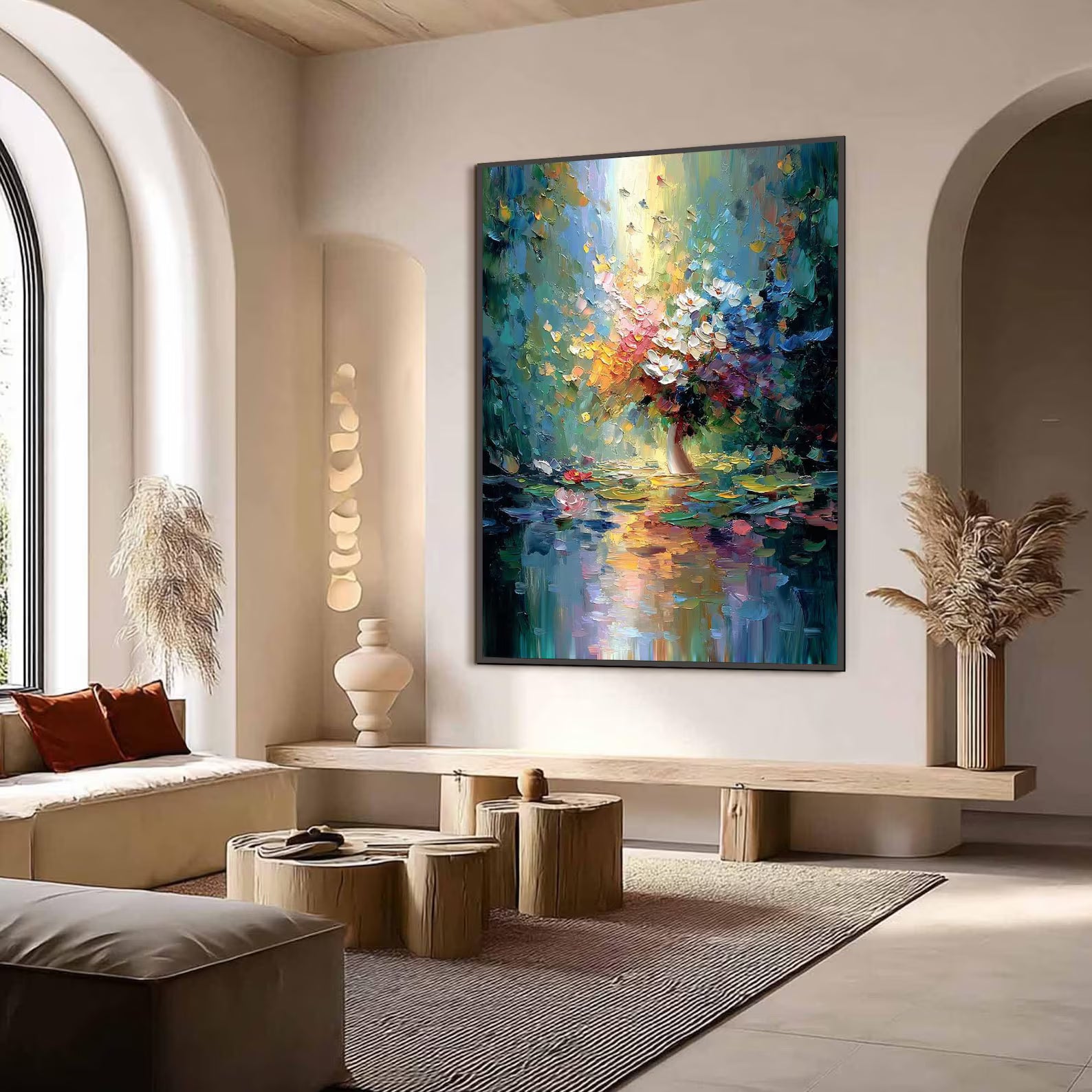 Reflected Blooms – Colorful Floral Vase Oil Painting#yy721143