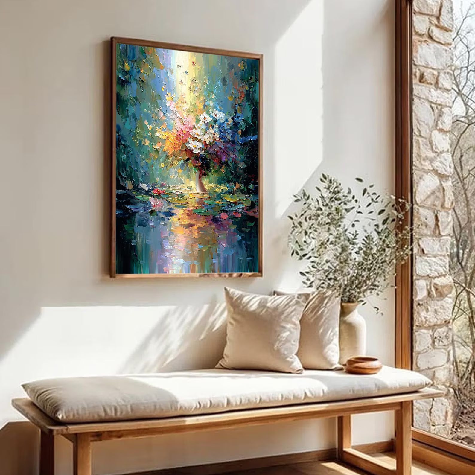 Reflected Blooms – Colorful Floral Vase Oil Painting#yy721143