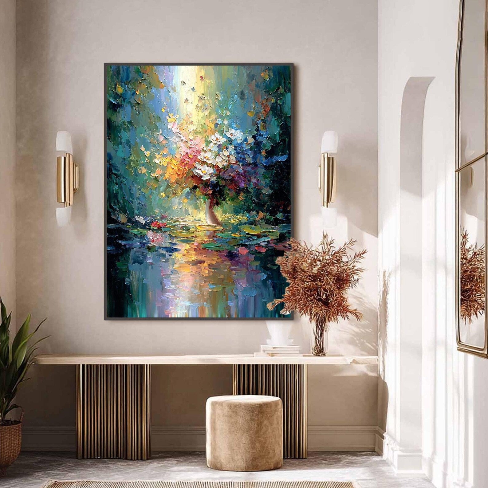 Reflected Blooms – Colorful Floral Vase Oil Painting#yy721143