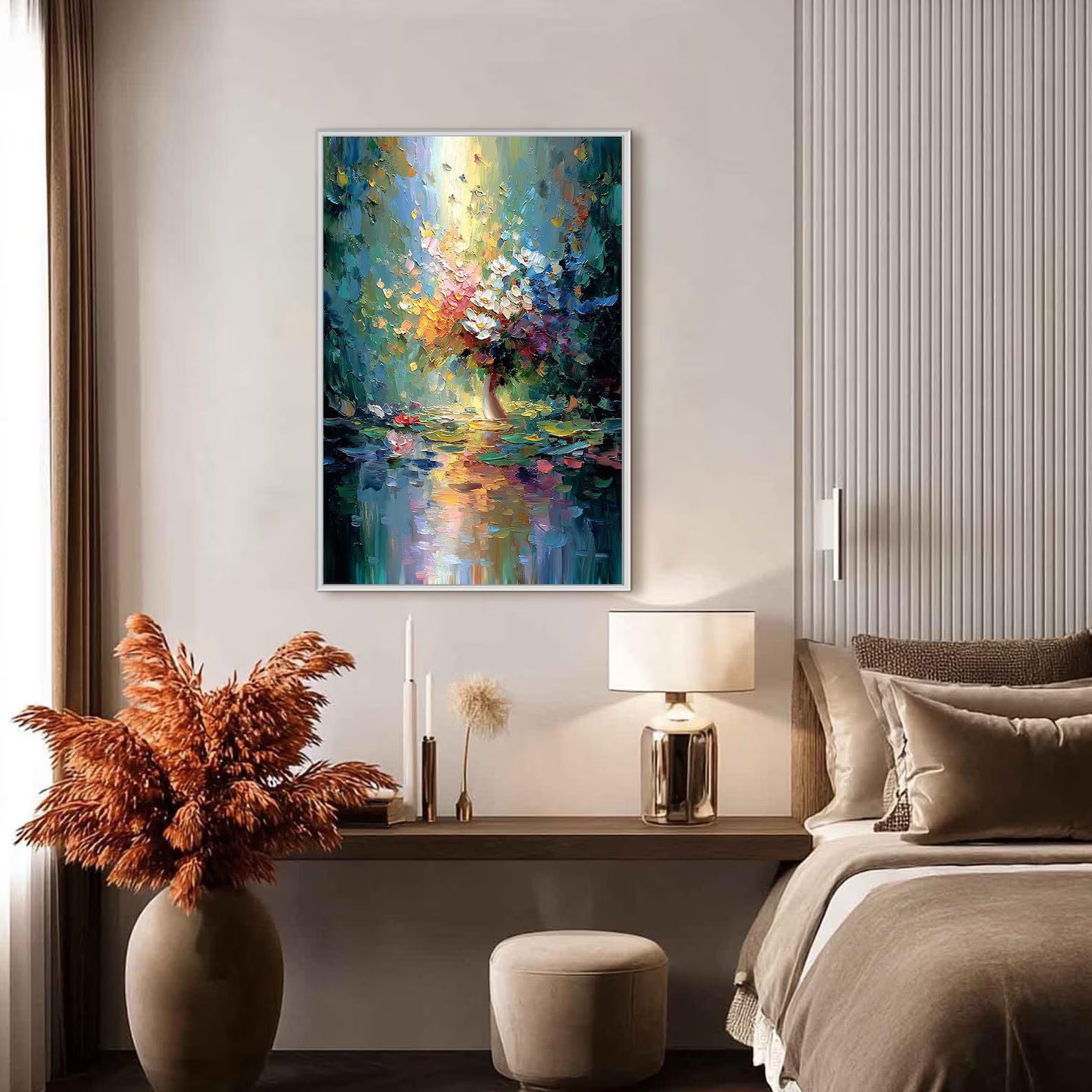 Reflected Blooms – Colorful Floral Vase Oil Painting#yy721143