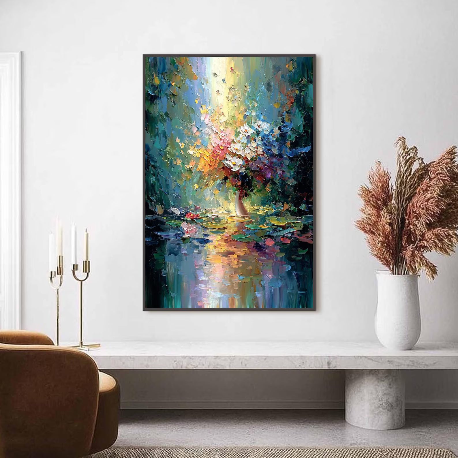 Reflected Blooms – Colorful Floral Vase Oil Painting#yy721143