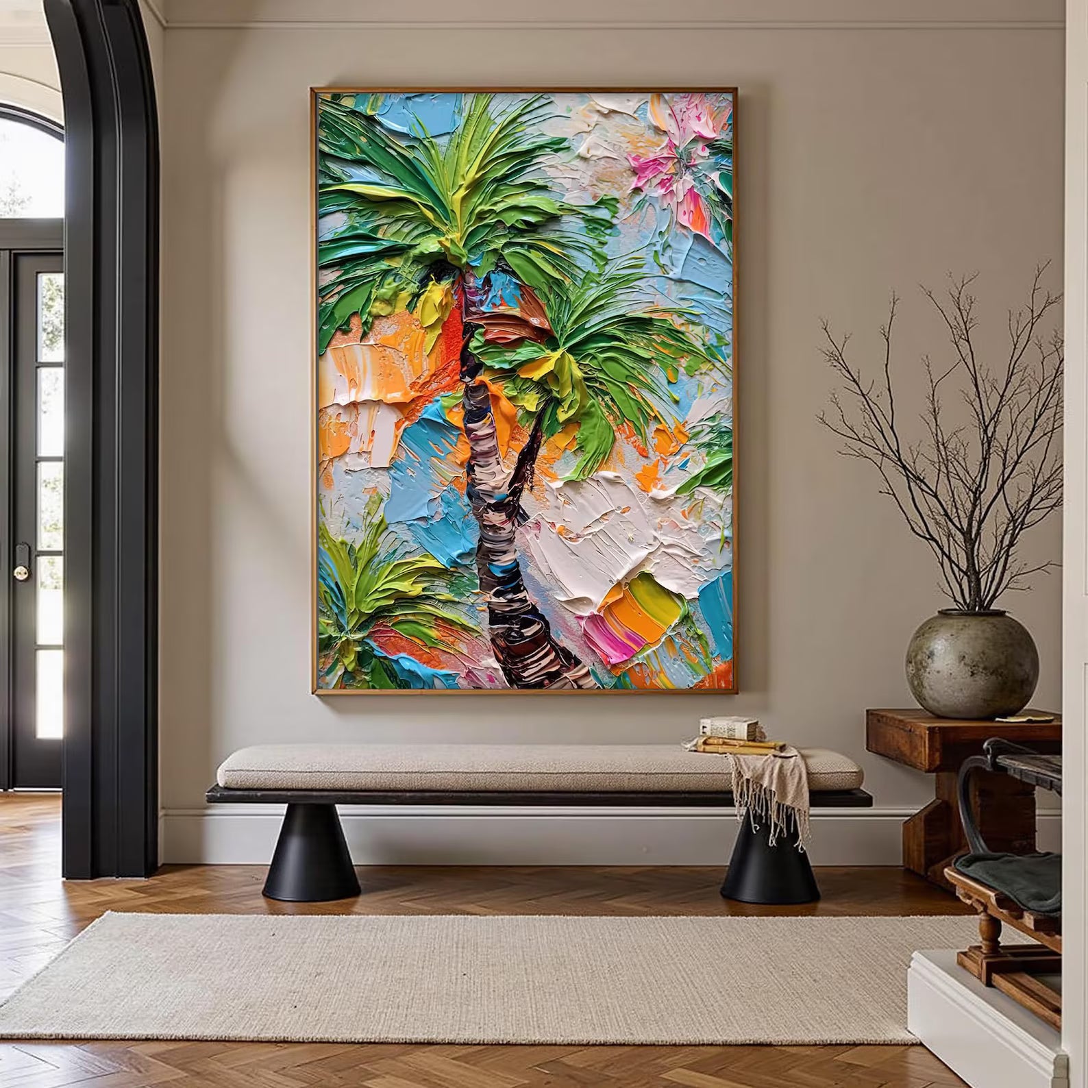 Tropical Rhythm – Textured Palm Tree Oil Painting#yy721144