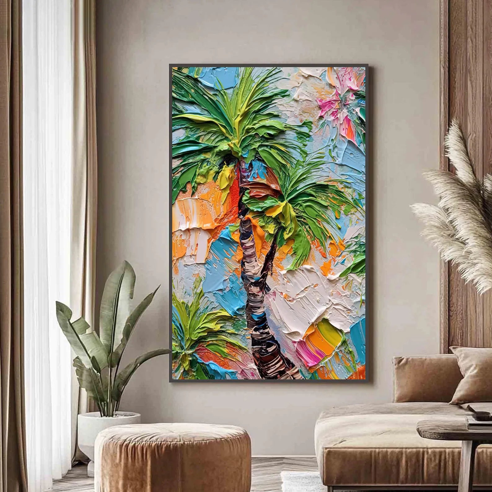 Tropical Rhythm – Textured Palm Tree Oil Painting#yy721144