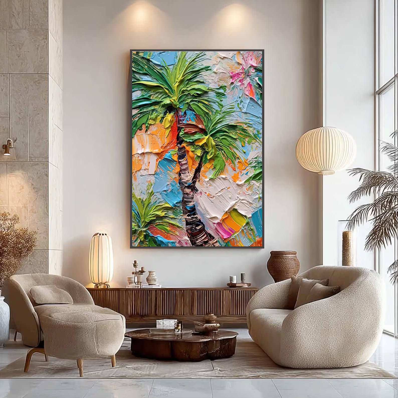 Tropical Rhythm – Textured Palm Tree Oil Painting#yy721144