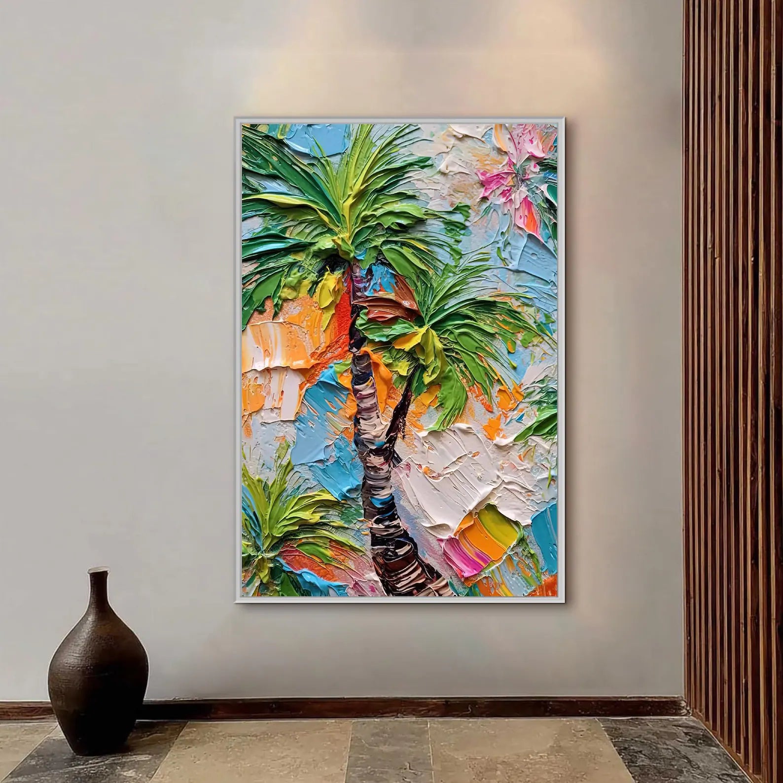 Tropical Rhythm – Textured Palm Tree Oil Painting#yy721144