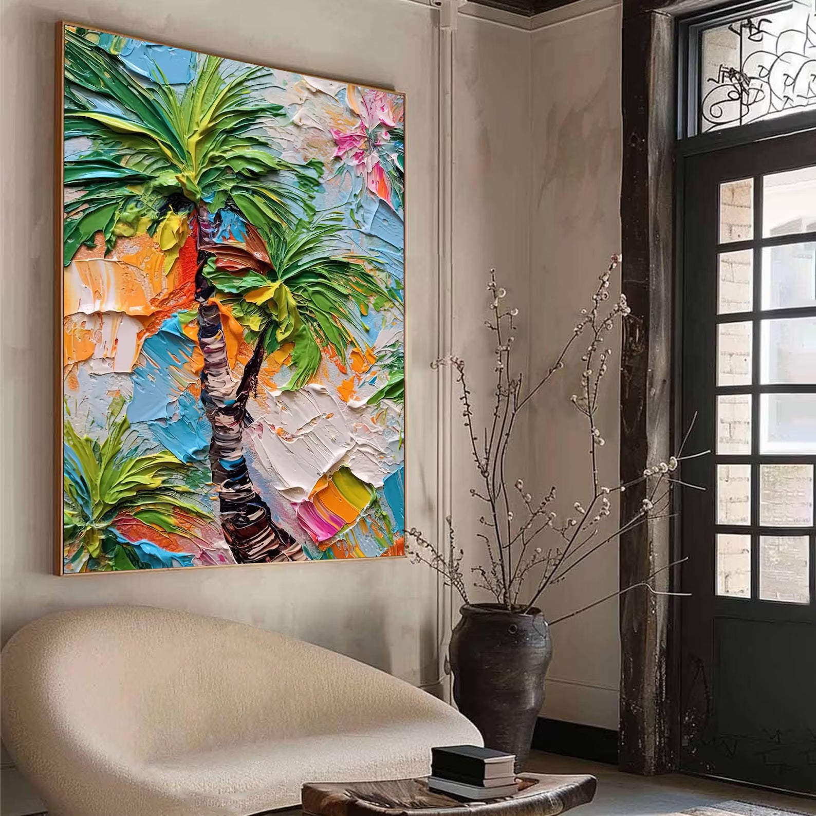 Tropical Rhythm – Textured Palm Tree Oil Painting#yy721144