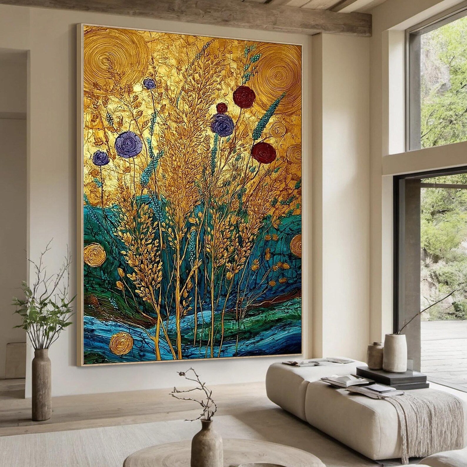 Golden Botanical Wall Art – Luxury Floral Canvas Painting#yy721145