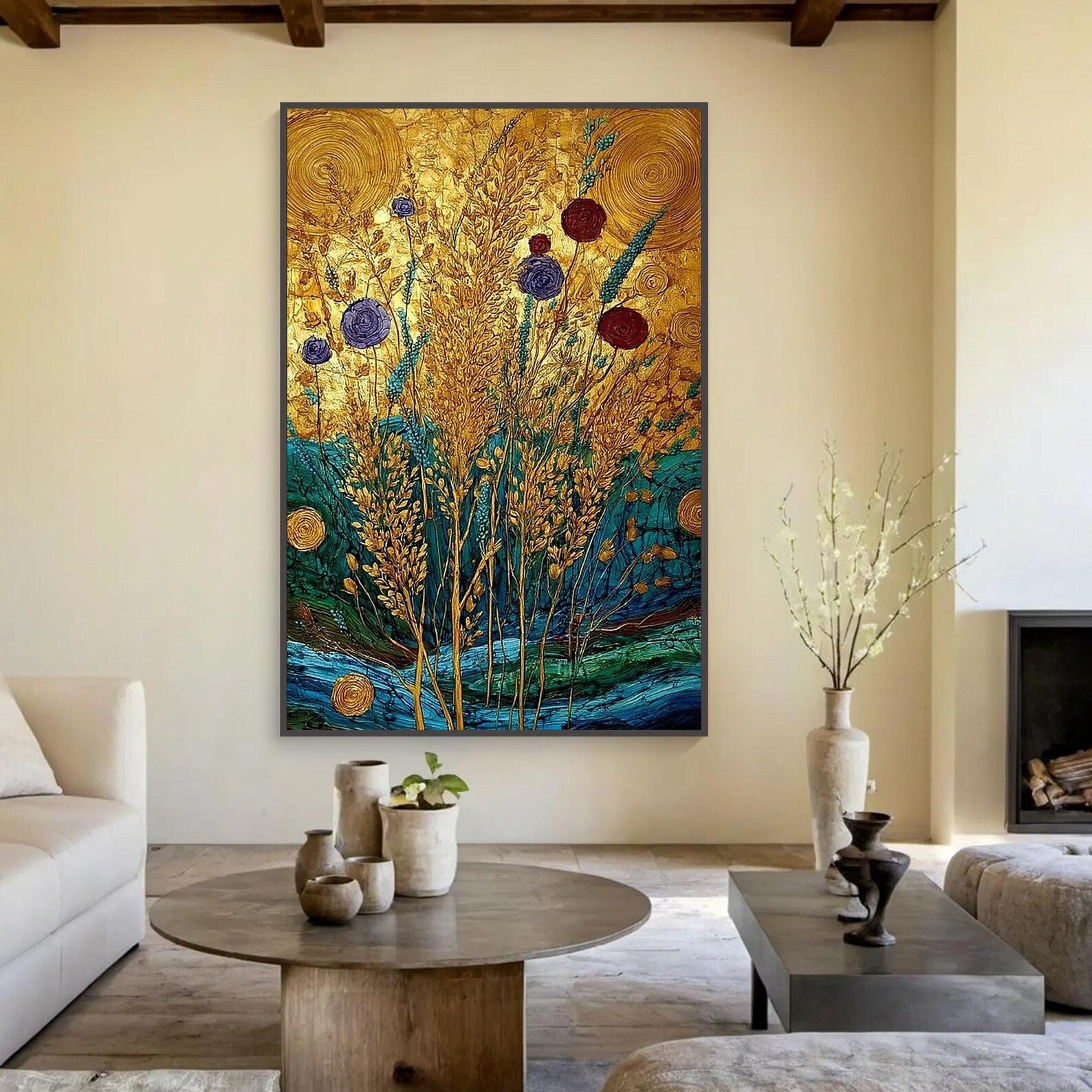 Golden Botanical Wall Art – Luxury Floral Canvas Painting#yy721145