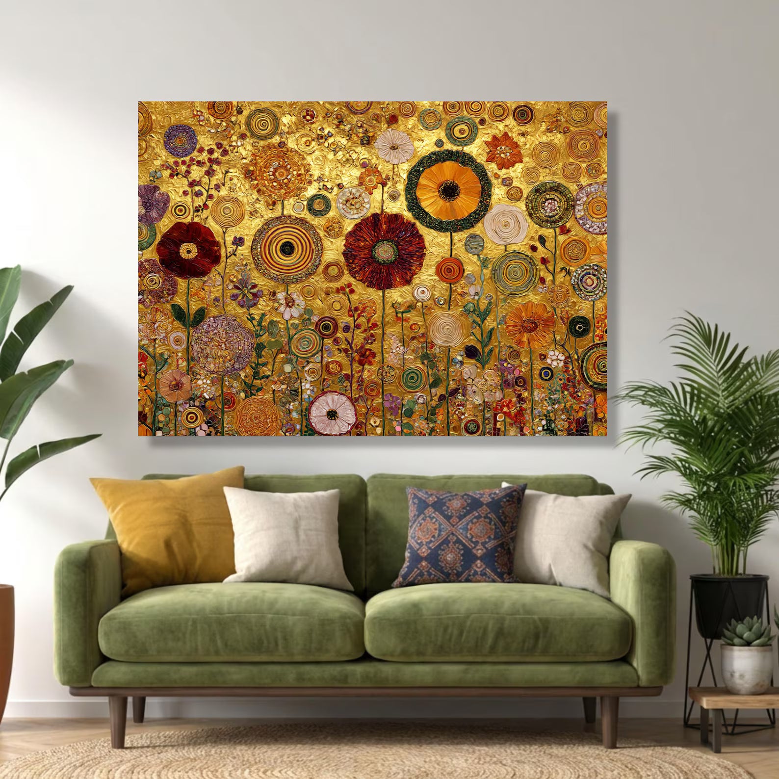 Gold Floral Garden Wall Art – Luxury Botanical Canvas Painting#yy721155