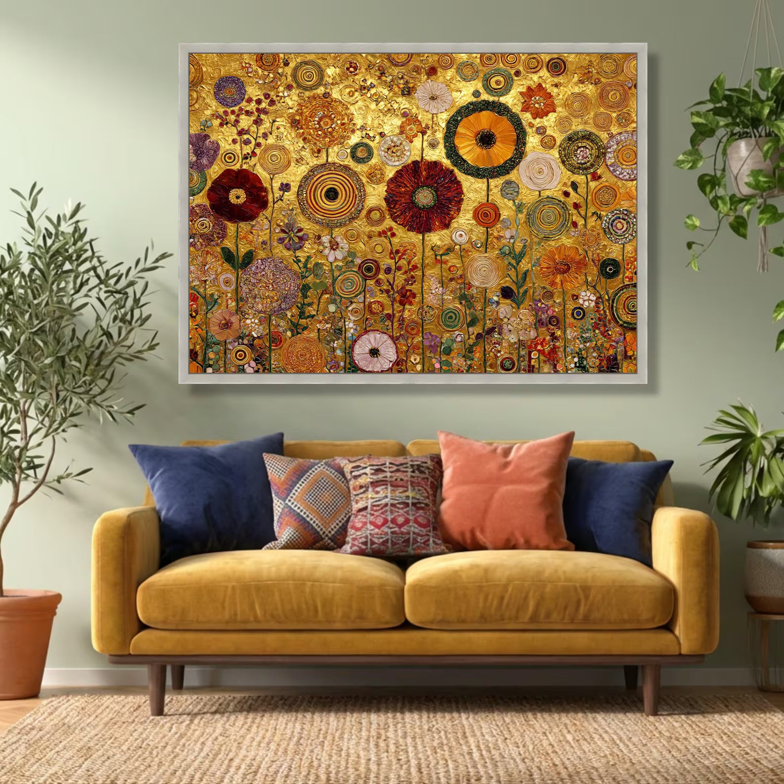 Gold Floral Garden Wall Art – Luxury Botanical Canvas Painting#yy721155