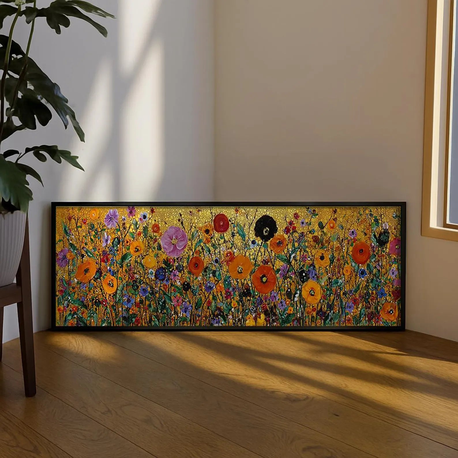 Golden Wildflower Tapestry – Panoramic Floral Oil Painting#yy721157