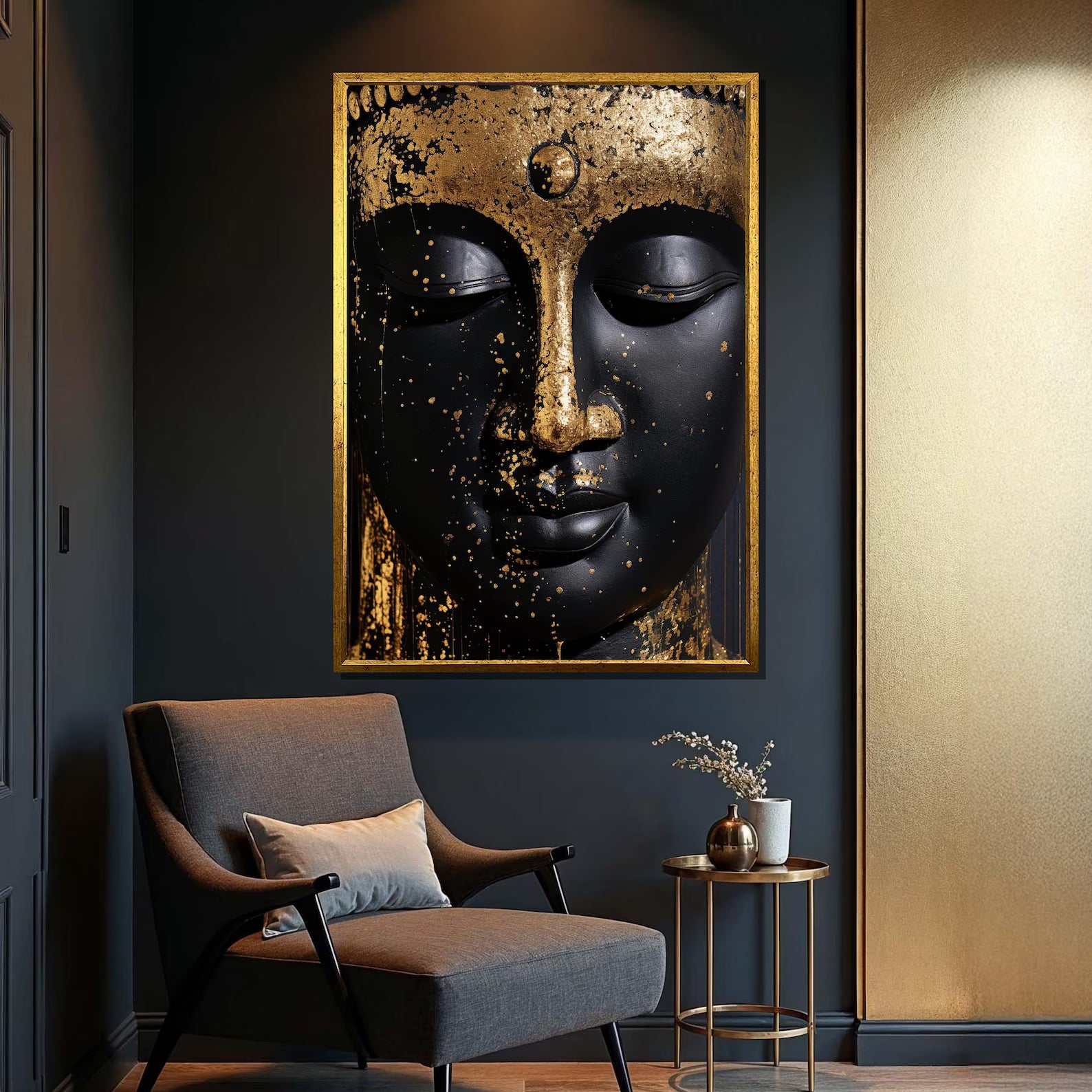 Black Buddha Wall Art – Gold Luxury Spiritual Canvas Painting#yy7284