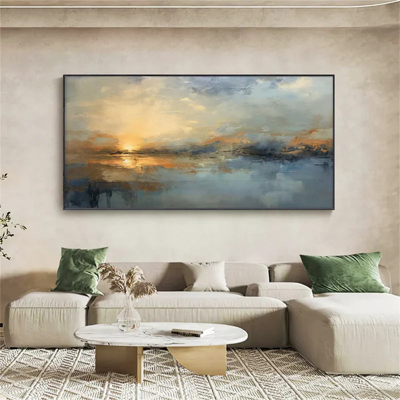 Golden Sunset Landscape Wall Art – Abstract Ocean Canvas Painting#yy7294