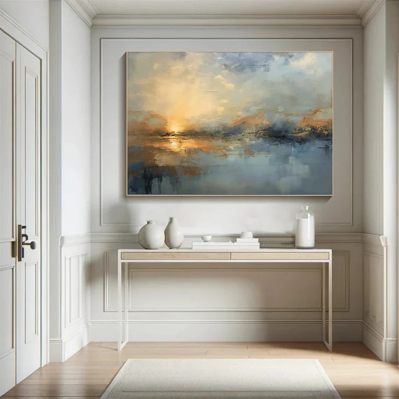 Golden Sunset Landscape Wall Art – Abstract Ocean Canvas Painting#yy7294