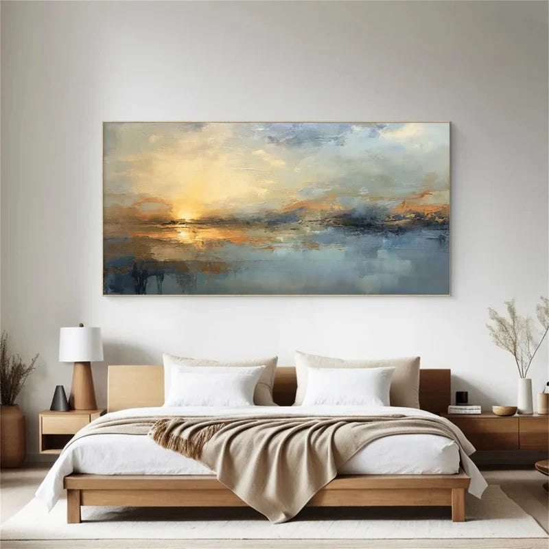 Golden Sunset Landscape Wall Art – Abstract Ocean Canvas Painting#yy7294
