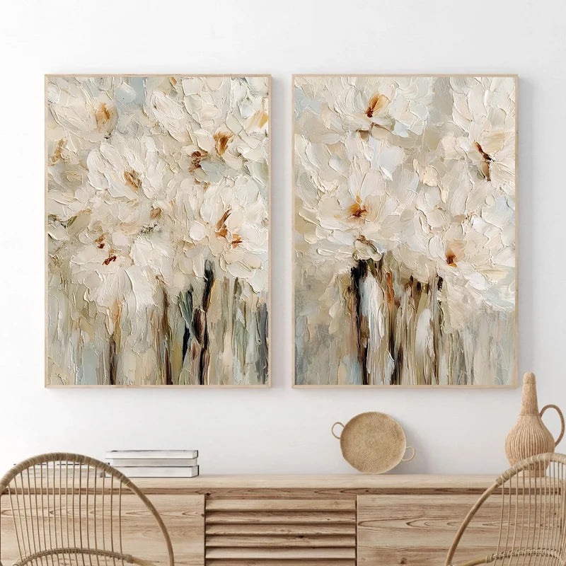 White Floral Wall Art Set – 3D Textured Flower Canvas Painting#yy7295