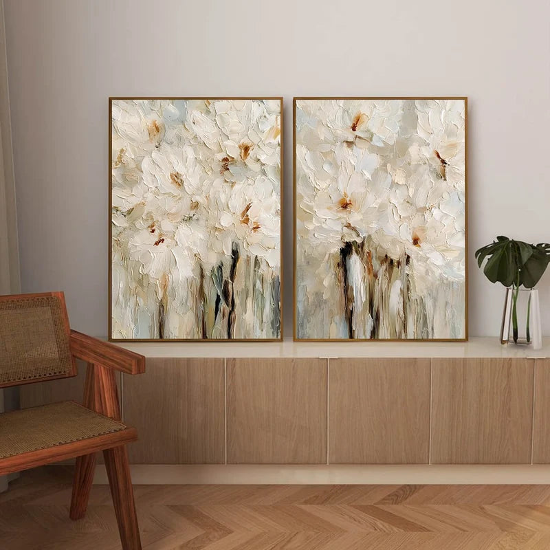 White Floral Wall Art Set – 3D Textured Flower Canvas Painting#yy7295