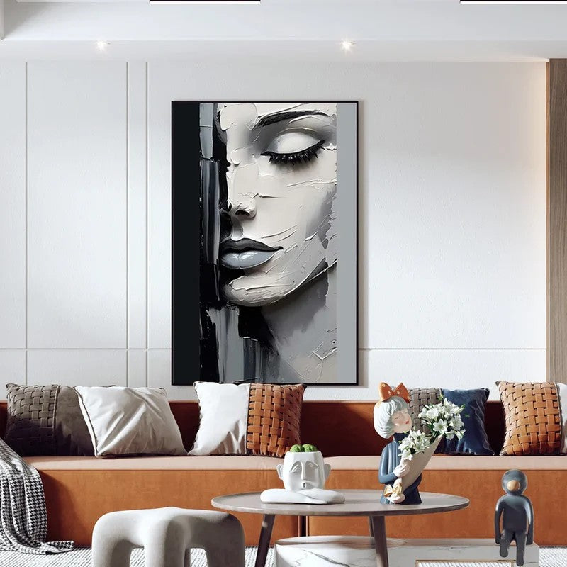 Black and White Portrait Wall Art – Modern Textured Face Canvas Painting#yy7296