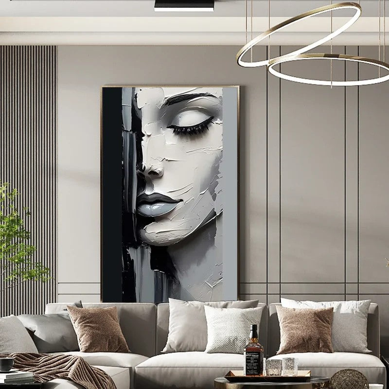 Black and White Portrait Wall Art – Modern Textured Face Canvas Painting#yy7296