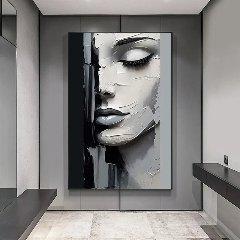 Black and White Portrait Wall Art – Modern Textured Face Canvas Painting#yy7296