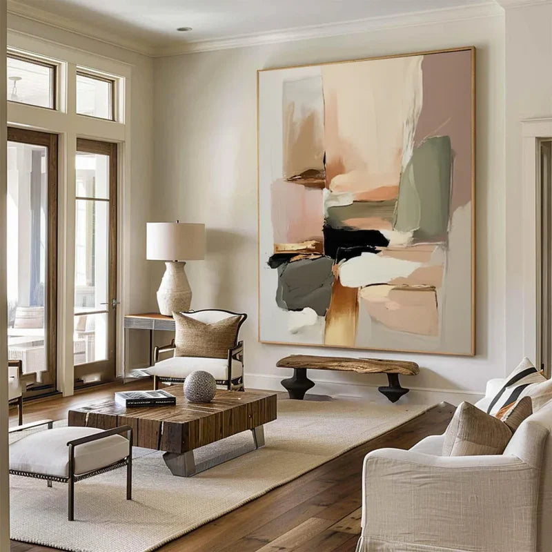 Neutral Abstract Wall Art – Modern Geometric Canvas Painting#yy7298