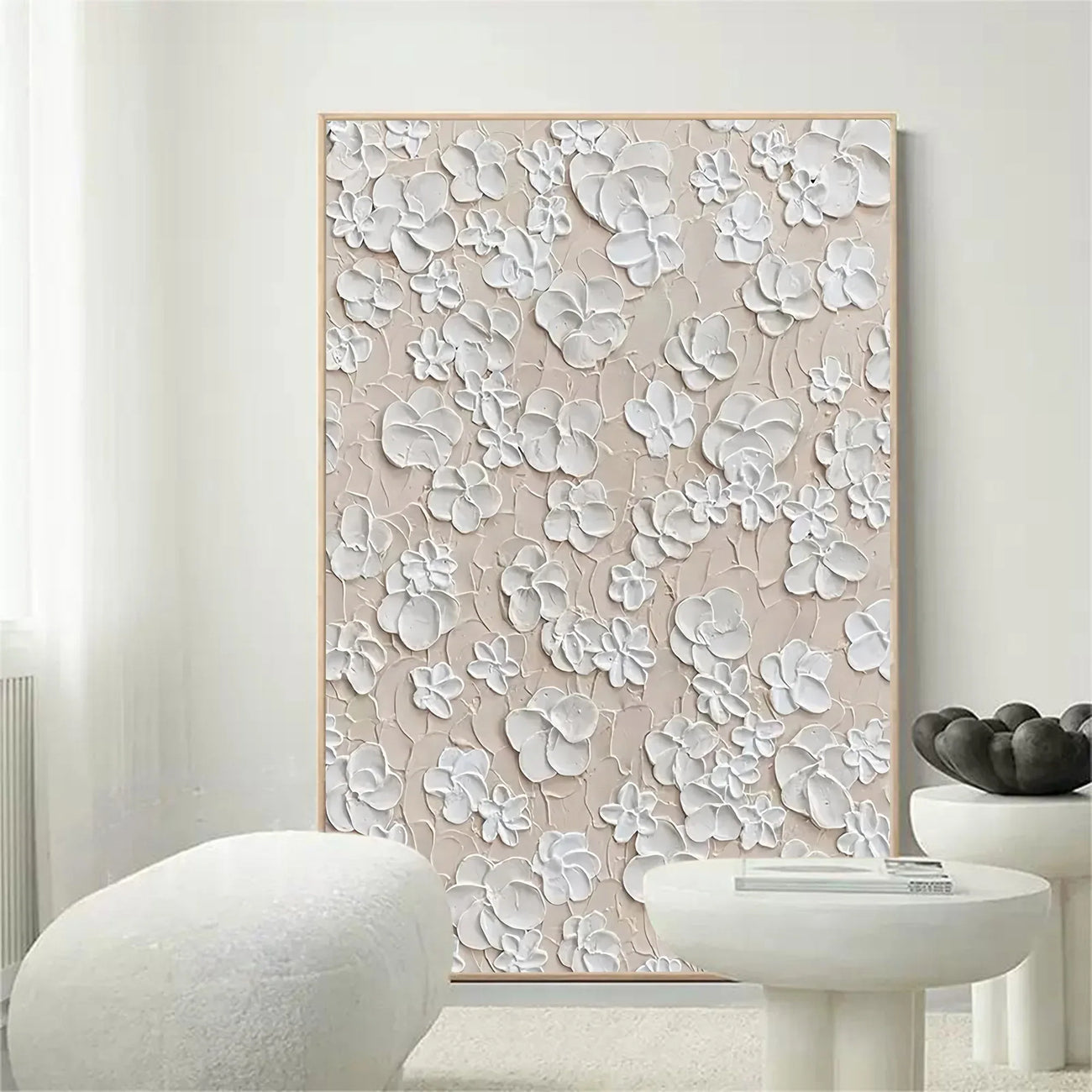 Textured Floral Oil Painting Elegant Neutral Canvas Wall Art for